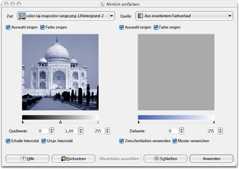 Eigenschaften für das Filter Einfärben